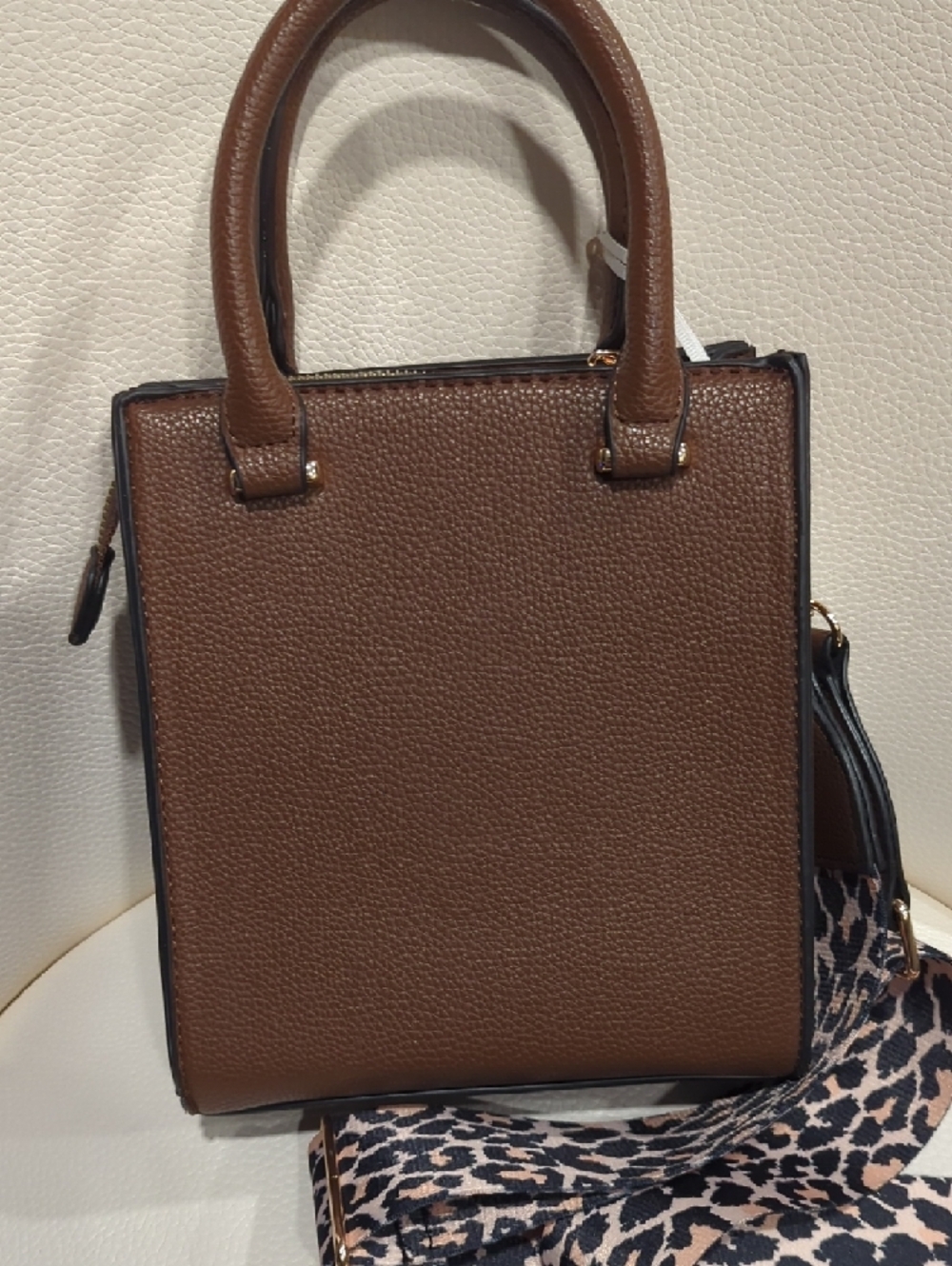 Alyssa Brown Vegan Leather Crossbody Tote with Leopard-Print Strap - Picture 3 of 6